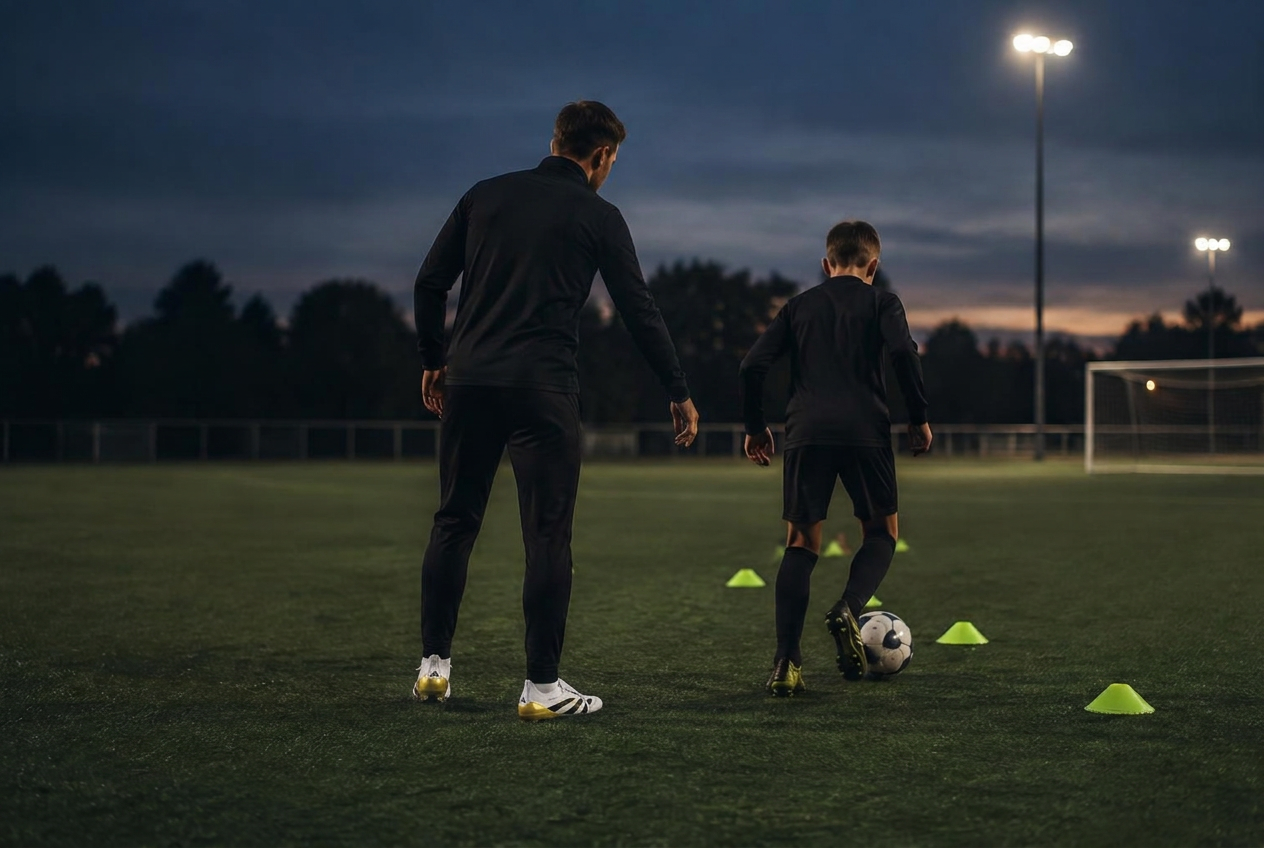 Jari begeleidt een jeugdspeler tijdens een 1-op-1 voetbaltraining in de avond